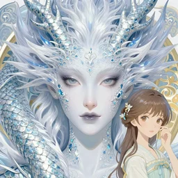 realistic detailed face portrait of an otherworldly fairy tale Snow Dragon Queen with glistening scales for skin by Alphonse Mucha, Ayami Kojima, Amano, Charlie Bowater, Karol Bak, Greg Hildebrandt, Jean Delville, and Mark Brooks, Art Nouveau, Neo-Gothic, gothic, rich deep moody colors