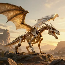 hyper realistic highly detailed nature photography of a skeleton dragon, prehistoric planet, volumetric lighting, octane render, 4 k resolution, golden hour