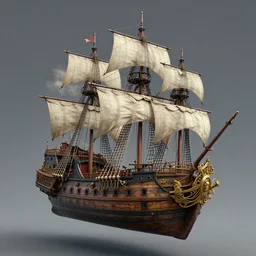 a highly detailed 4 k fantasy matte painting of historically accurate 3 d model of pirate ship. flying like a plane. floating