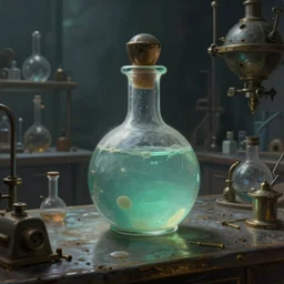 a painting of a steampunk blue - ish light green potion bottle in the middle of a counter in a dark dusty vintage science lab, by h. r. giger, hyperrealistic fantasy art, concept matte, ethereal, dreamy, digital art, trending on artstation, volumetric cinematic lighting