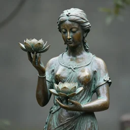 realistic bronze statue woman holding lotus flower