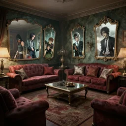 a cursed living room with mirrors, realistic, extremely detailed, sharp focus, wide view, smooth, digital illustration, octane render, unreal engine 6, ray tracing, by james jean, by rossdraws, by frank franzzeta, by mcbess, by sakimichan, by brosmin, by danton fadeev, by steve simpson