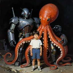 portrait of a kid and his giant robot octopus friend by frank frazetta