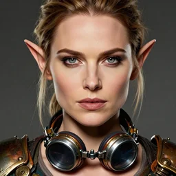 head and shoulders portrait, female artificer, gray eyes, welding goggles around neck, emily blunt natalie portman hybrid, elf, d & d, steampunk, by artgerm, facial detail, extremely detailed, comic book cover photo