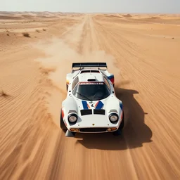 Aerial view of a Lancia Stratos Rally car racing in a desert, landscape, center composition, cinematic, rendered by simon stålenhag, rendered by Beeple, Makoto Shinkai, syd meade, environment concept, digital art, unreal engine, WLOP, trending on artstation, 4K UHD image, octane render,
