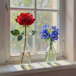 A painting of a windowsill with two vases. One vase containing a red rose. And the other vase containing a blue violet. The natural light from the window would be shining in on the scene. Trending on artstation