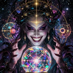 face shot of an evil cosmic woman with an evil grin with her hands around a crystal ball of multiple universes chromatic neon bioluminescent interdimensional elegant evil horror trending on artstation ernst haeckel cgsociety contest winner symmetrical golden ratio centered intricate detailed refined