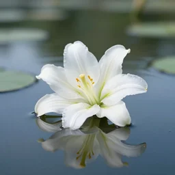 lilys floating on a lake, panoramic, concept art, high detail, lake, white flower lily, white petals, gentle, peaceful, beautiful,