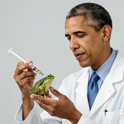 a photograph of barack obama wearing a lab coat injecting a frog with a rainbow in a syringe