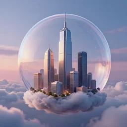 miniature skyscraper inside a bubble, floating on clouds, realistic 3 d render, unreal engine, ecofuturism, solarpunk, maya, 8 k, smooth, sharp focus, octane, twilight