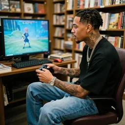 jacksepticeye wearing blue jeans playing a video game in a bookstore
