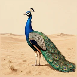 peacock in the desert, laser printed, wood engraved, highly detailed