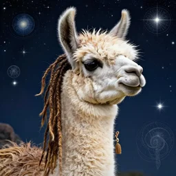 llama with dreadlocks, space, by mandy jurgens, ernst haeckel, james jean