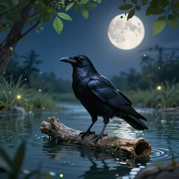 a large black raven, standing on a floating log in the middle of a moonlit river, leafy foliage on the river banks, at night, with fireflies floating about, digital art, award winning trending on artstation