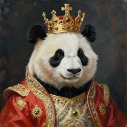 an oil painting of a panda wearing royal robes and a royal crown on a dark background