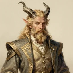 A handsome Horned Lord of the Fae with blond hair and beard wearing an exquisite suit, color illustration by Arthur Rackham