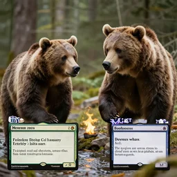 brown bears playing magic the gathering, hyperrealism style