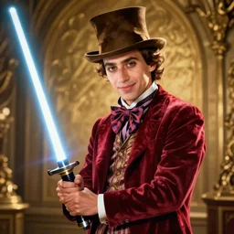matte portrait of willy wonka holding a lightsaber, fantasy, wonderful masterpiece highly detailed, scifi, beautiful cinematic light deep focus, elegant, digital painting, smooth, sharp focus, golden ratio, dramatic illumination, ultra realistic, 8 k, art by greg rutkowski wlop rossdraws