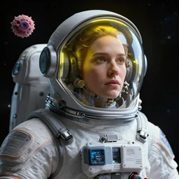 a woman in a space suit with a yellow light on her head, a microscopic photo by mike winkelmann, zbrush central contest winner, space art, rendered in cinema 4 d, sci - fi, cosmic horror