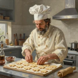 wizard cooking a batch of cookies in a modern kitchen, oil painting, epic, cinematic, highly detailed, featured on artstation