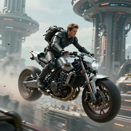 an intricate concept art of a a man riding on a flying scifi mechanical motorcycle in a mega structure world, photorealistic movie still, sci - fi, hyper realistic, concept art, art by dylan cole, feng zhu, artgerm, greg rutkowski, cinematic lighting, octane render