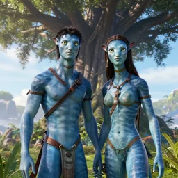 jake sully from avatar meets eywa, in front of tree of souls, cinematic, detailed, realistic, 4 k hd,