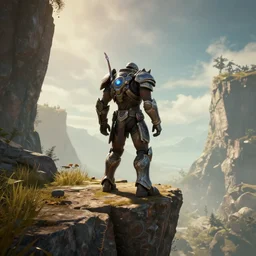 Destiny Titan stands on the edge of a cliff, video game cutscene, 4k