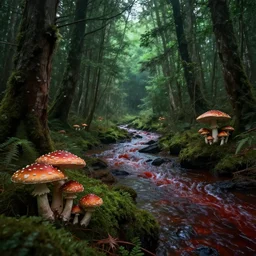 mushroom forest, realistic, detailed, epic angle, bloody river, ambient green light,