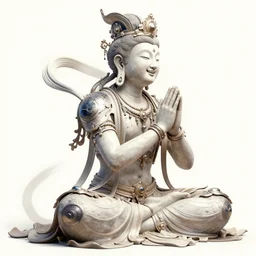 photo of an ecstatic smiling solarpunk bodhisattva, praying meditating, side photo, intricate, elegant, dynamic lighting, in the style of wlop and android jones and artgerm