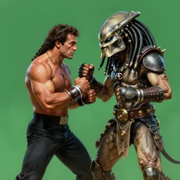 fight between rocky balboa and the predator, artstation, concept art, smooth, sharp foccus ilustration hq, painting in the style of leroy neiman, green tones