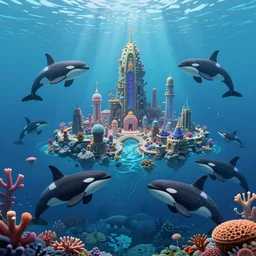 civilization underwater created by orcas, submerged city made with coral and rock by killer whales, epic fantasy sci fi illustration concept art