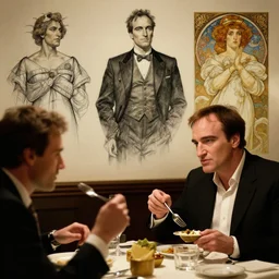 quentin tarantino eating dinner, character sheet, character design, contrast, deep focus, turnaround, highly detailed, dramatic lighting, digital painting, artstation, concept art, matte, sharp focus, illustration, elegant, art by artgerm and greg f and alphonse mucha.