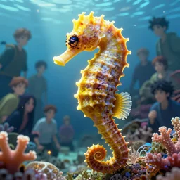 highly detailed portrait of coral seahorse, stephen bliss, unreal engine, fantasy art by greg rutkowski, rhads, ferdinand knab, makoto shinkai and lois van baarle, ilya kuvshinov, rossdraws, tom bagshaw, global illumination, radiant light, yellow blue theme, coral reef