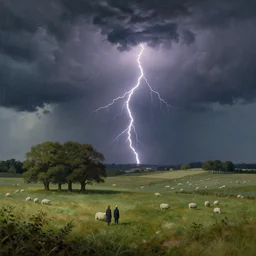 artwork of the cinematic view of a landscape of normandy by rene magritte, thunderbolt, stormy weather, couple of groves, sheep pasture, landscape view, wallpaper