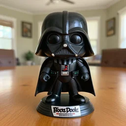 a darth vader funko pop on a table inside a suburban house
