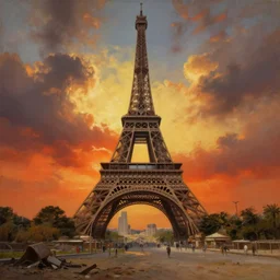 eiffel tower in post apocalyptic egypt , moody sunset and dramatic sky , oil painting by frazetta, low angle,wide angle, cinemascope panorama