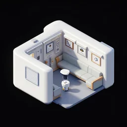 isometric view of an officer\'s living quarters on a space station, with a hovering droid inside it, from a space themed Lucasarts graphic adventure game made in 2008