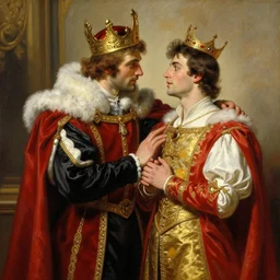 attractive fully clothed king confesses his love for his attractive fully clothed male prince. highly detailed painting by gaston bussiere, tom bagshaw, craig mullins