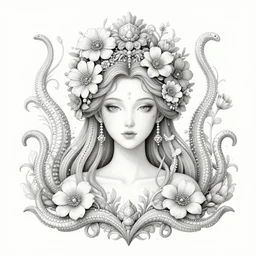 centered beautiful detailed front view portrait of a woman with ornate tentacles and flowers growing around, ornamentation, flowers, elegant, dark and gothic, full frame, art by kay nielsen and walter crane and h r giger, illustration style, watercolor