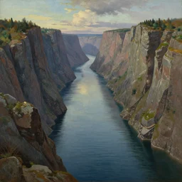 fjord, a long, narrow, deep inlet of the sea between high cliffs, extremely detailed oil painting, rhads, sargent and leyendecker, savrasov levitan polenov, bruce pennington, studio ghibli, tim hildebrandt, digital art, landscape painting, trending on artstation, masterpiece