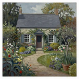 a gorgeous, fantastic, cottage garden by michael kidd, escher, thomas kincade, trending on artstation, artgerm, acrylic on canvas,!! muted colors!!,!! low contrast!!