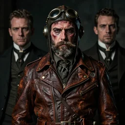 portrait, d, grizzled, scarred, victorian retro - futurist pilot, leather pilots uniform, epic composition, by diego gisbert llorens and donato giancola, regal, dramatic lighting, shadowed, mysterious, tattoos, intricate, hyper realistic, hyperdetailed, centered, cinematic