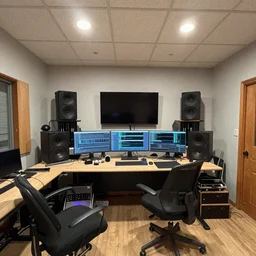 a color photograph of an electronic recording artist\'s basement studio with an acoustic tile ceiling, with many things, tidy, well kept up and organized, trending on artstation, hyperrealism