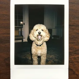 old grainy polaroid photo of a poodle aggressively barking at the camera at an antique house, bright flash