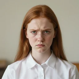 portrait of a thin adolescent white woman with round face wearing a school uniform, 1 6 yo, annoyed look, acne, uneven skintone, dry skin, redhead, center parting, straight hair, in the morning, ambient light, sigma 8 5 mm, nikon 5 0 mm f / 1. 8 g, by lee jeffries