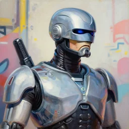 greg manchess portrait painting of james murphy aka robocop as overwatch character, aesthetic, medium shot, asymmetrical, profile picture, organic painting, sunny day, matte painting, bold shapes, hard edges, street art, trending on artstation, by huang guangjian and gil elvgren and sachin teng