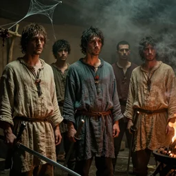 a film still of men wearing layered linen of many colors, holding swords, standing in a hazy room with a fire and smoke, dark, moody, very creepy atmosphere, film grain, spider webs, organic matter, bones