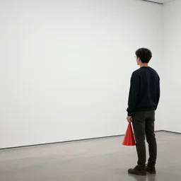 man wearing a red cone seen from behind standing in an empty gallery contemplating over a frame hanging at the opposite wall, photo taken with provia 1967