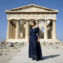 a woman in a long dark blue dress is standing in front of a greek temple, by carel willink