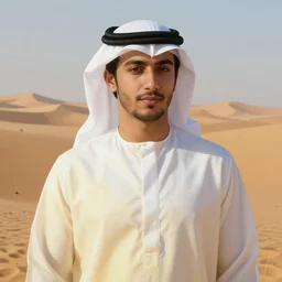 full figure beautiful young arab man, luminous scene, by greg rutkowski and alphonse mucha, d & d character, gradient white to gold, in front of a dune desert background, highly detailed portrait, digital painting, artstation, concept art, smooth, sharp focus illustration, artstation hq